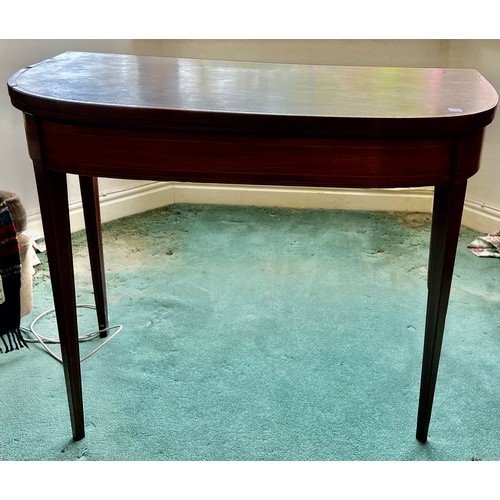 1309 - 19th C mahogany and inlaid fold over card table on square tapered legs 91cm w x 45cm d x 74cm h, clo... 