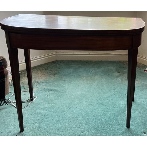 1309 - 19th C mahogany and inlaid fold over card table on square tapered legs 91cm w x 45cm d x 74cm h, clo... 