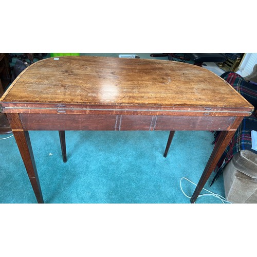 1309 - 19th C mahogany and inlaid fold over card table on square tapered legs 91cm w x 45cm d x 74cm h, clo... 