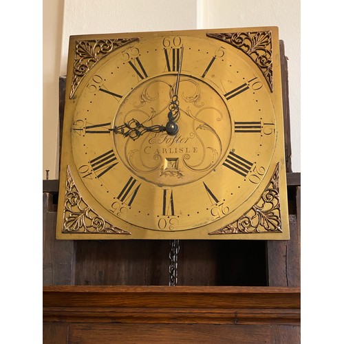 845 - An oak longcase 30 hour clock with a square brass dial inscribed E Foster, Carlisle, roman numerals ... 