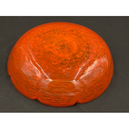 323 - Large glass orange bowl measuring 37cm diameter. Daum Nancy etched on base.