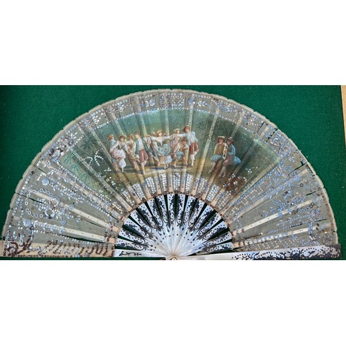 508 - A 19thC Italian hand painted fan in frame with original box, mother of pearl sticks and guards.