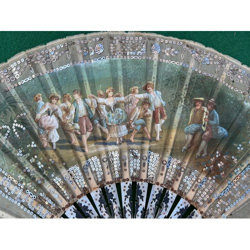 508 - A 19thC Italian hand painted fan in frame with original box, mother of pearl sticks and guards.