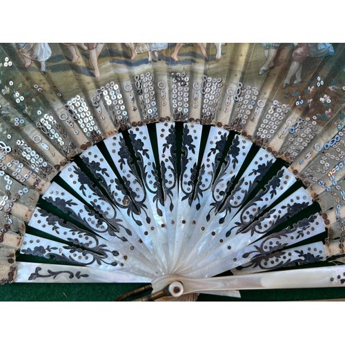 508 - A 19thC Italian hand painted fan in frame with original box, mother of pearl sticks and guards.