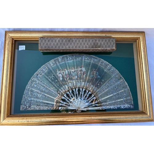 508 - A 19thC Italian hand painted fan in frame with original box, mother of pearl sticks and guards.