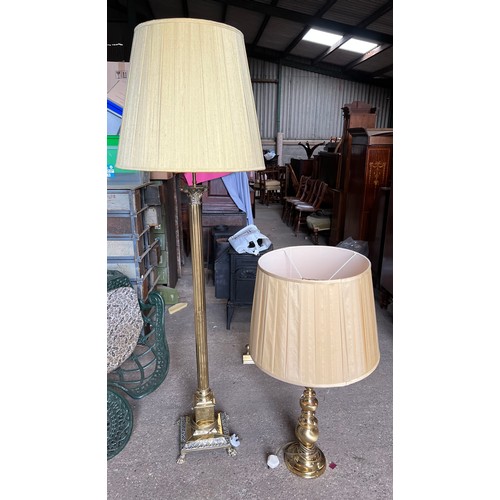 1330 - Two brass lamps and silk shades, one standard lamp, one table lamp. Standard lamp to top of column 1... 