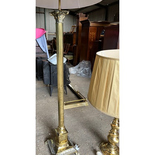 1330 - Two brass lamps and silk shades, one standard lamp, one table lamp. Standard lamp to top of column 1... 