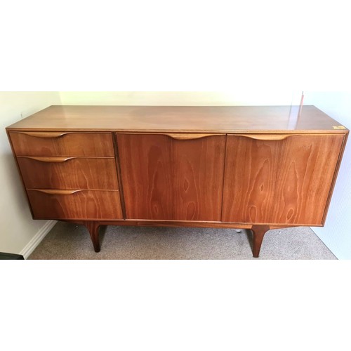 1336 - McIntosh retro teak sideboard, three drawers and two doors. 152 w x 45 d x 76cms h.