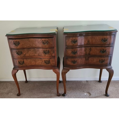 1347 - A pair of walnut bedside drawers on cabriole legs. 86 h x 52 w x 38cm d. Glass tops.