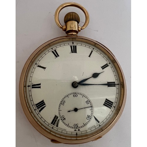 624 - A 9ct gold cased pocket watch with subsidiary seconds dial. Total weight 85gm.