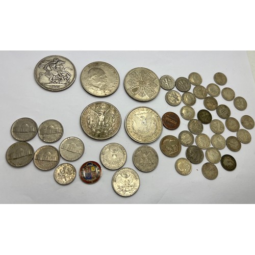 462 - Coins to include British, American and European, 1890 Crown, Dollars etc.