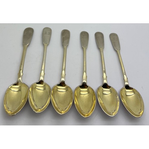 612 - Six Russian silver and gilt teaspoons. Marked 84 MA. Engraved to bowl. 93gm total.