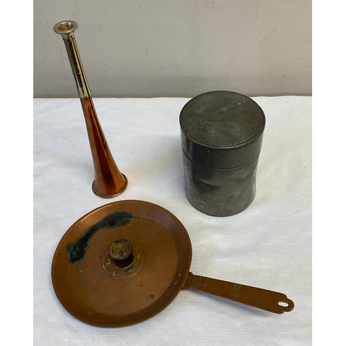 633 - Copper candlestick and small horn (with brass end) and a Chinese Kut Hing Swatow Pewter Tea Caddy de... 