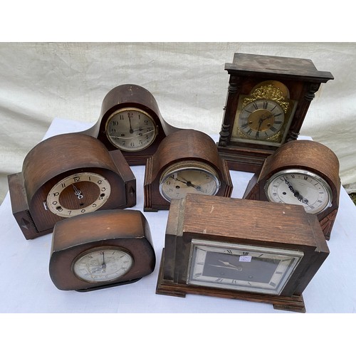 822 - Seven wooden mantel clocks with movements. Spares/repairs.