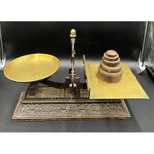 785A - Mid 19thC cast iron and brass, Parnell of Bristol shop scales with original dishes together with iro... 