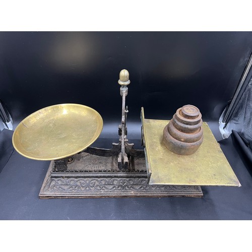 785A - Mid 19thC cast iron and brass, Parnell of Bristol shop scales with original dishes together with iro... 