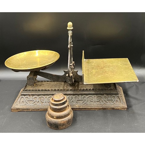 785A - Mid 19thC cast iron and brass, Parnell of Bristol shop scales with original dishes together with iro... 