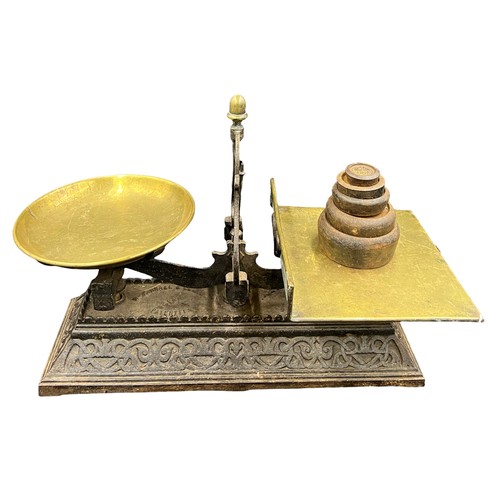 785A - Mid 19thC cast iron and brass, Parnell of Bristol shop scales with original dishes together with iro... 