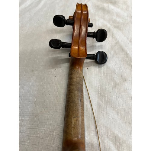 766 - Violin (in need of restoration) and case along with a round tin. Round tin contains spares for both ... 