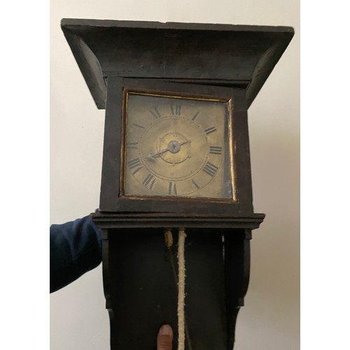 800B - An oak cased hooded wall clock, probably 18thC, 6 inch square brass dial. 54cm h to back, 30 hour mo... 