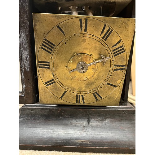 800B - An oak cased hooded wall clock, probably 18thC, 6 inch square brass dial. 54cm h to back, 30 hour mo... 