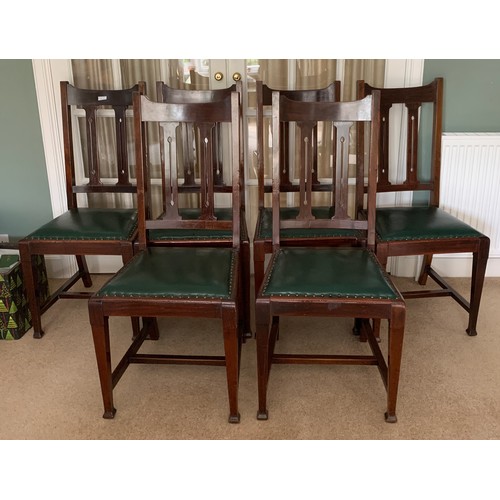 171 - Six Maple and co, mahogany dining chairs on square tapered legs with green leather seats.