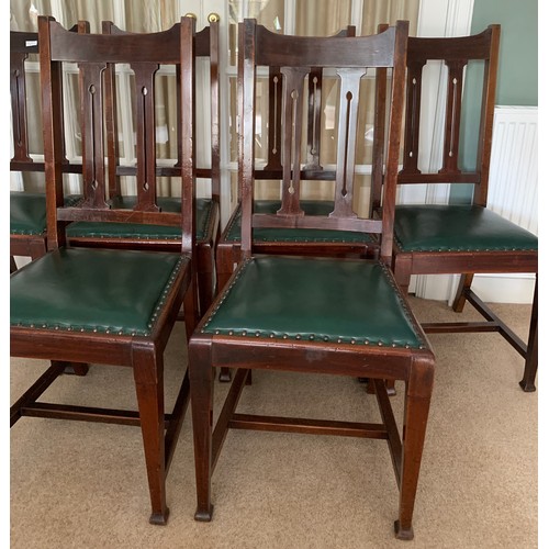 171 - Six Maple and co, mahogany dining chairs on square tapered legs with green leather seats.