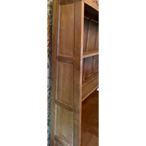 175A - Peter Heap Rabbitman oak Dresser raised back with open shelves, two drawers and cupboards under, and... 