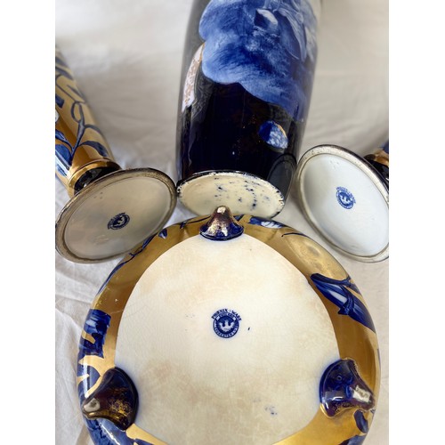 408 - A blue and gold ceramic selection to include a pair of Phoenix ware vases 45cm h and matching bowl 2... 