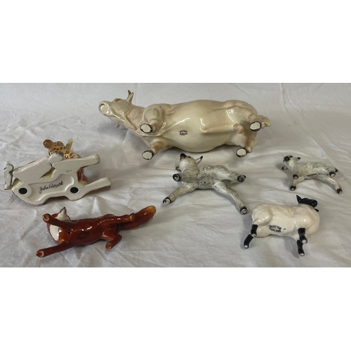 417 - Six Beswick animal figurines to include: cream bull 23cm l, giraffe, 2 x lambs 5cm and 8cm h, fox an... 