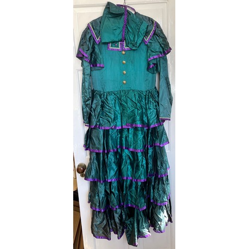 739 - A green and purple Victorian style stage costume with bonnet together with a gold collar section for... 