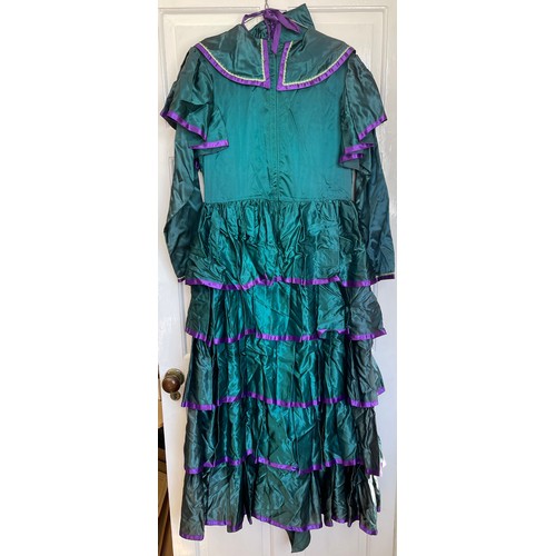 739 - A green and purple Victorian style stage costume with bonnet together with a gold collar section for... 