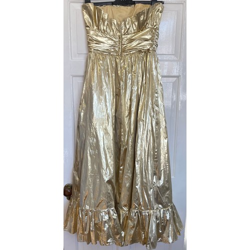 A shiny gold vintage strapless evening dress by John Charles size