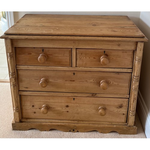 156 - A pine chest of drawers, 2 short over 2 long. 76 h x 92 w x 49cm d.