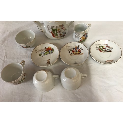 392 - A doll's tea set comprising three cups and saucers, milk jug, sugar basin and teapot embellished wit... 