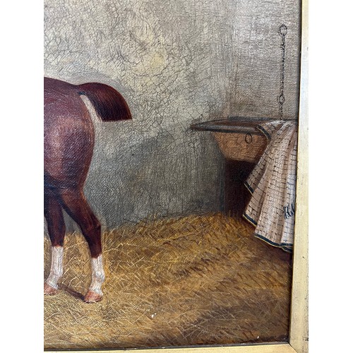 1316 - A 19thC oil on canvas horse portrait, horse in stable setting in gilt frame. 29 x 39.5cm sight size.