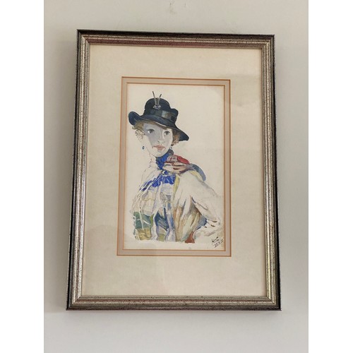 1318 - Watercolour of stylish lady. 20 x 12cm. Signed L.R. H.O.C