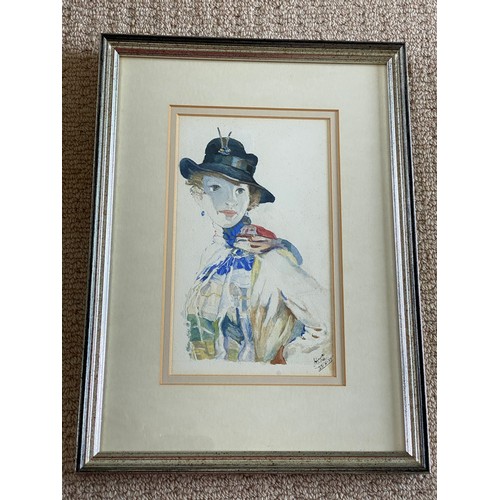 1318 - Watercolour of stylish lady. 20 x 12cm. Signed L.R. H.O.C