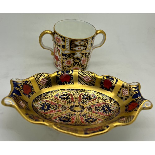 450 - Royal Crown Derby twin handled cup and Royal Crown Derby Old Imari dish. Dish 14 x 9cm.