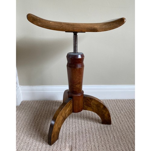 197 - An extending mahogany piano stool with curved seat to top. 57 h x 36.5 w at top.