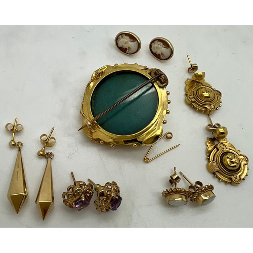 654 - Jewellery to include 19thC yellow metal mourning brooch. 9ct gold drop earrings, 9ct gold mounted ca... 