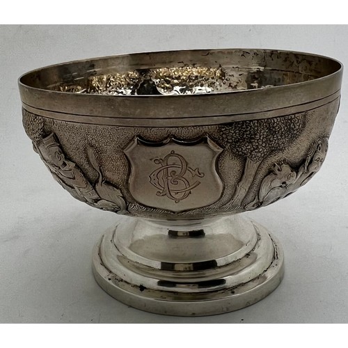 835 - Indian white metal bowl probably Bombay depicting animals and hunting scene, 172gm. 10.5 cm d.