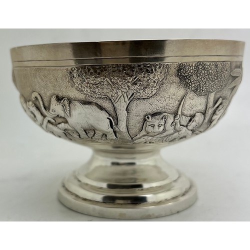 835 - Indian white metal bowl probably Bombay depicting animals and hunting scene, 172gm. 10.5 cm d.