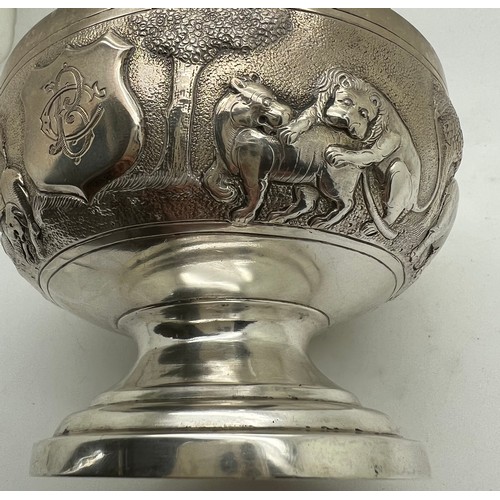 835 - Indian white metal bowl probably Bombay depicting animals and hunting scene, 172gm. 10.5 cm d.