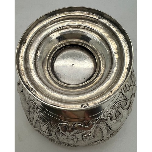 835 - Indian white metal bowl probably Bombay depicting animals and hunting scene, 172gm. 10.5 cm d.