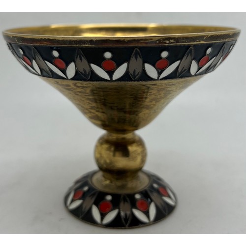 844 - Russian silver gilt and enamel dish on pedestal. 120gm. 7.5 h x 9cm d.