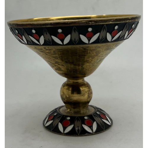 844 - Russian silver gilt and enamel dish on pedestal. 120gm. 7.5 h x 9cm d.