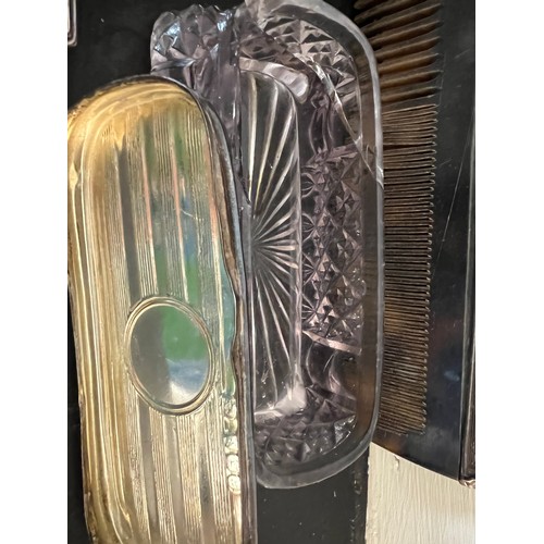 856 - Silver backed hairbrush, mirror and comb Birmingham 1952 with silver topped jar Birm. 1919.