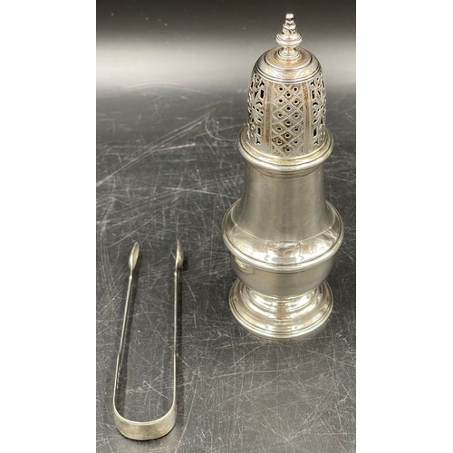 858 - A silver sugar sifter London 1939 A&H 19.5cms h together with silver sugar tongs London 1822 G.T.T.B... 