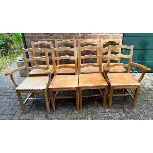 175D - Eight Acorn Man wavy ladder back dining chairs to include 2 carvers, all with leather seats.